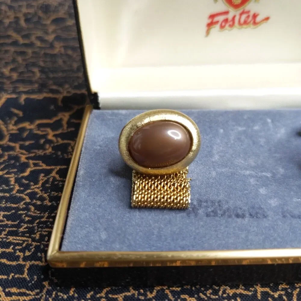 Vintage Foster USA Gold Tone Oval Cufflinks WrapARound Brown Stone Shirt Tux